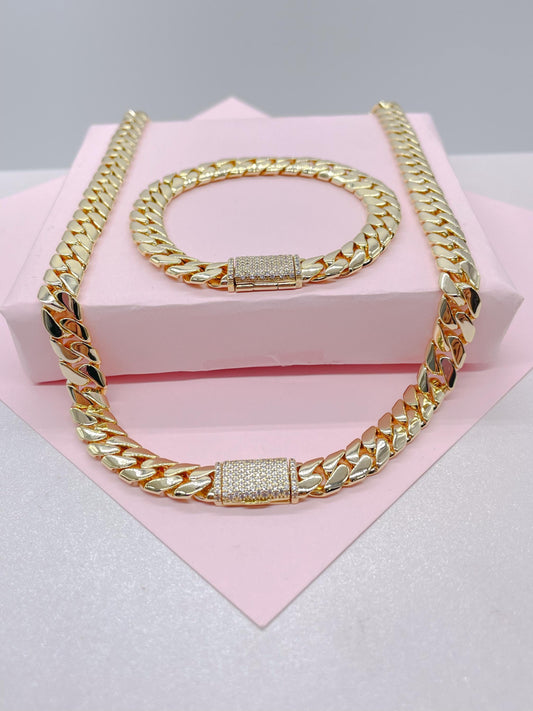 14k Gold Filled 8mm Monaco Link Necklace Chain and Bracelet With CZ Pave Embellished Clasp