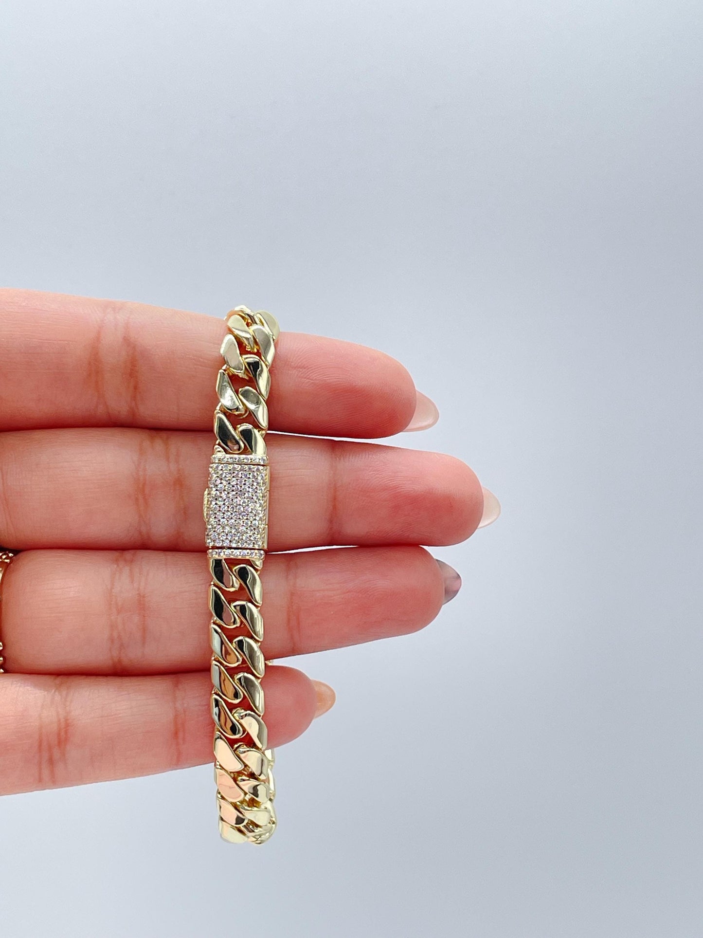 14k Gold Filled 8mm Monaco Link Necklace Chain and Bracelet With CZ Pave Embellished Clasp