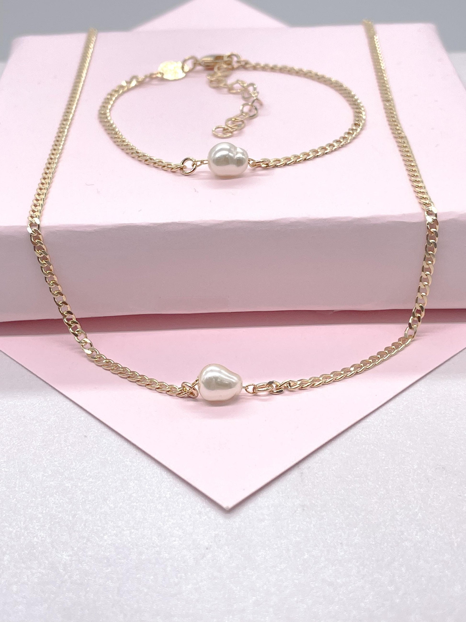 18k Gold Filled Cuban Link Chain with Synthetic Pearl Choker And Bracelet