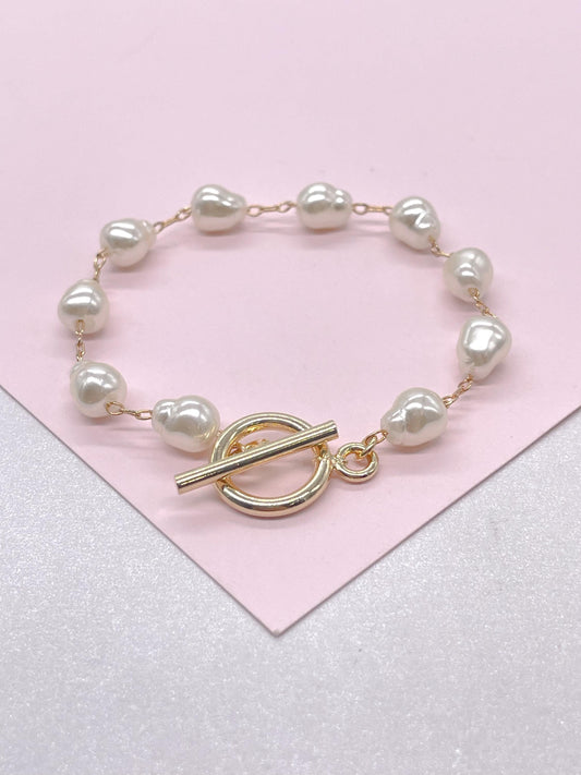 18k Gold Filled Synthetic Pearl Toggle Bracelet