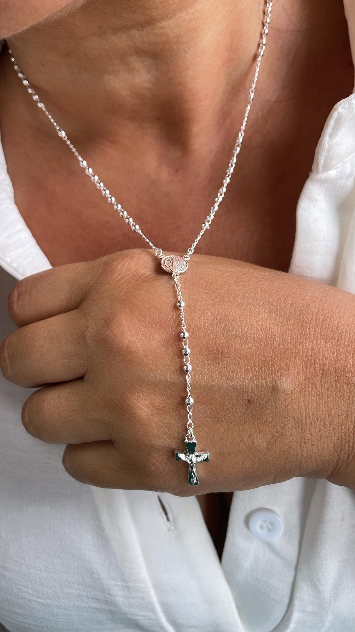 Silver Filled Dainty Rosary with Small Round Saint Benedict Meday and Chunky Crucifix Cross