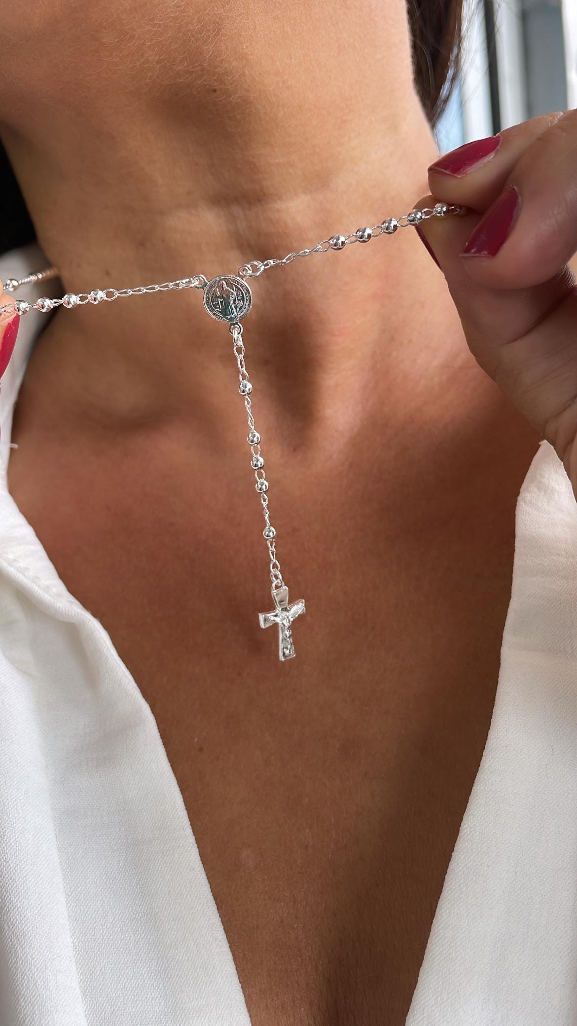 Silver Filled Dainty Rosary with Small Round Saint Benedict Meday and Chunky Crucifix Cross