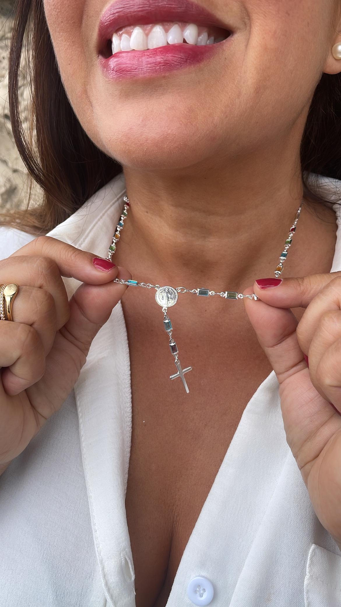 Silver Filled Small Square Colorful Rosary Necklace, Multicolor with St. Benedict Round Medal and Cross