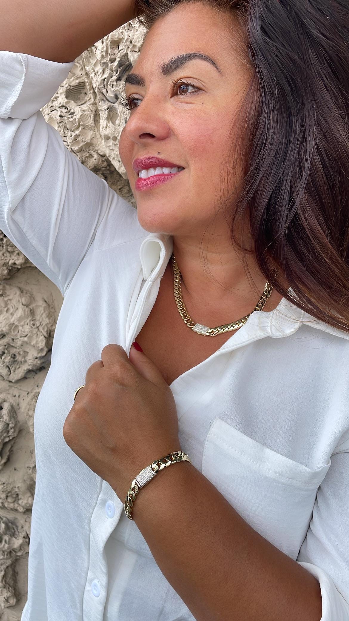 14k Gold Filled 8mm Monaco Link Necklace Chain and Bracelet With CZ Pave Embellished Clasp