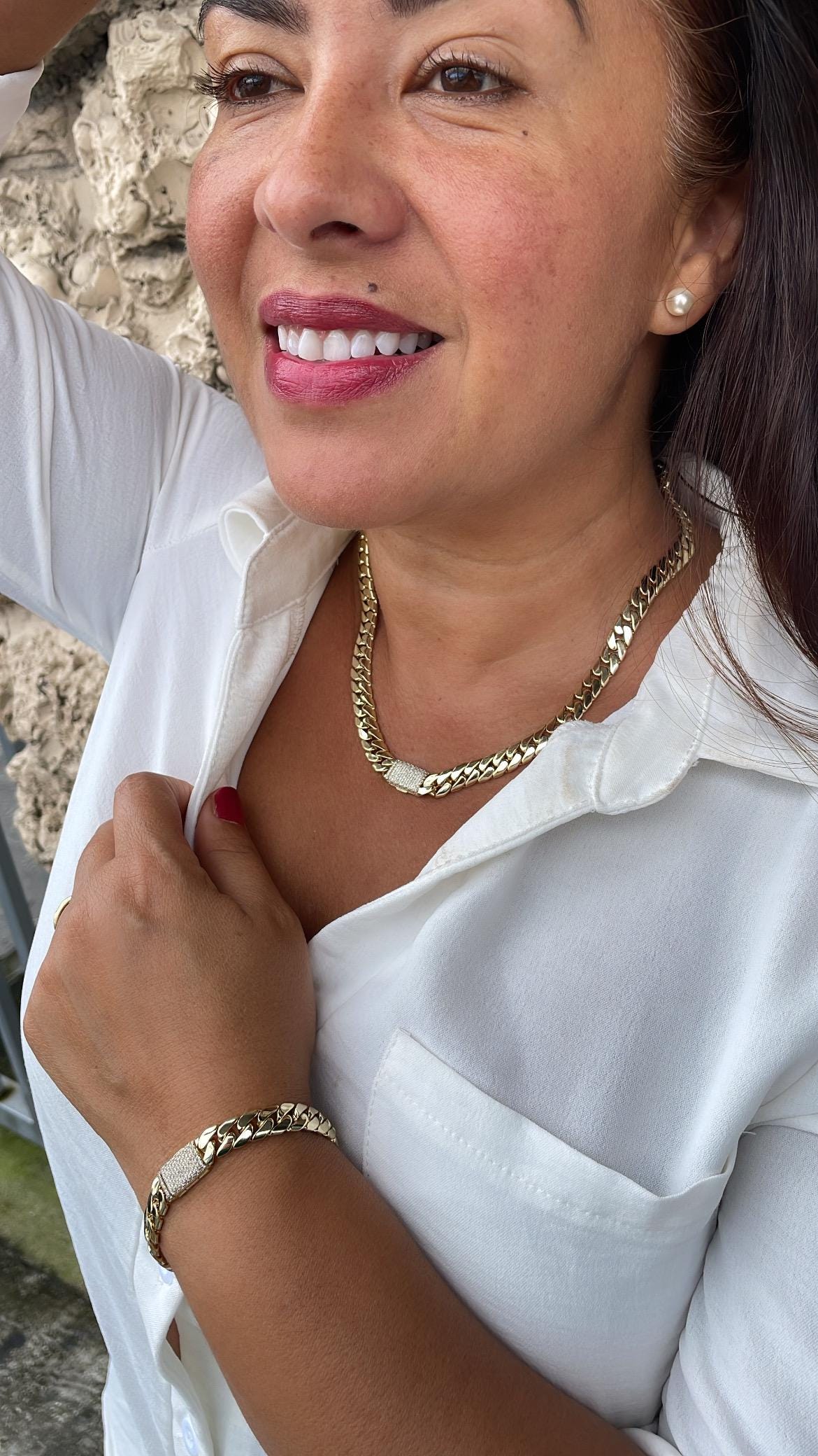 14k Gold Filled 8mm Monaco Link Necklace Chain and Bracelet With CZ Pave Embellished Clasp