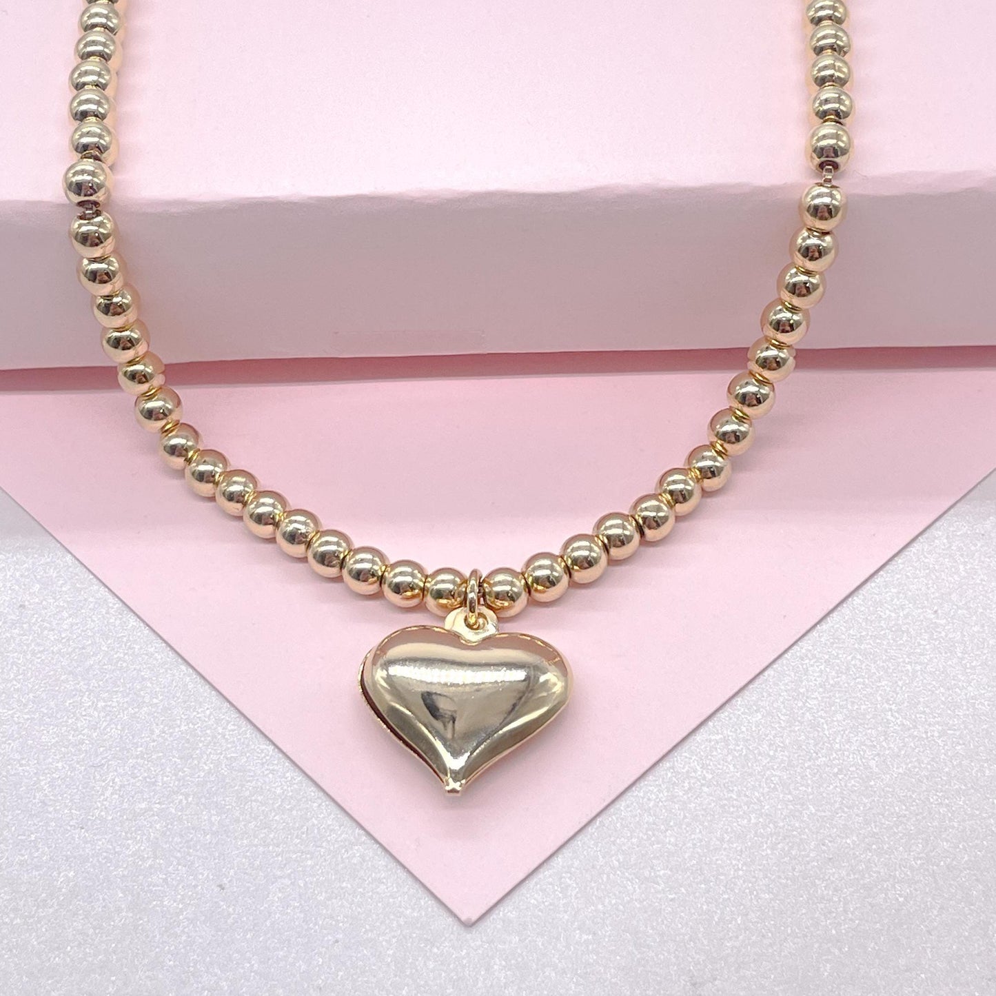 18k Gold Filled 4mm Beaded Choker With Heart Center