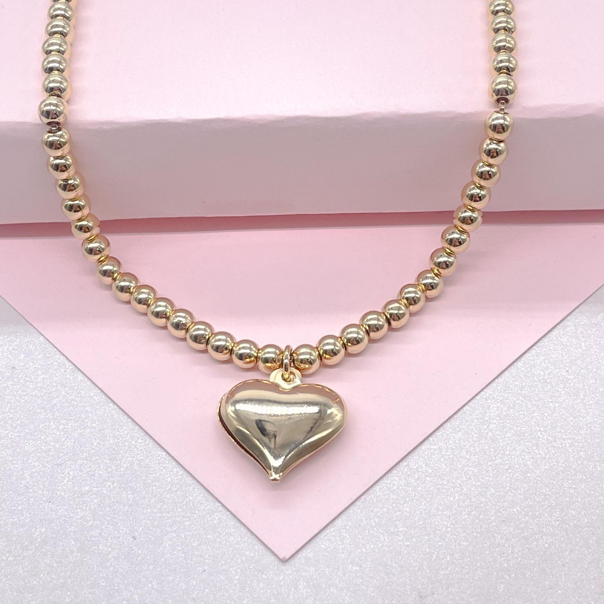 18k Gold Filled 4mm Beaded Choker With Heart Center