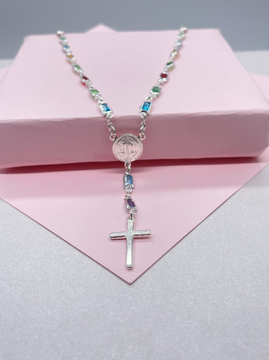 Silver Filled Small Square Colorful Rosary Necklace, Multicolor with St. Benedict Round Medal and Cross