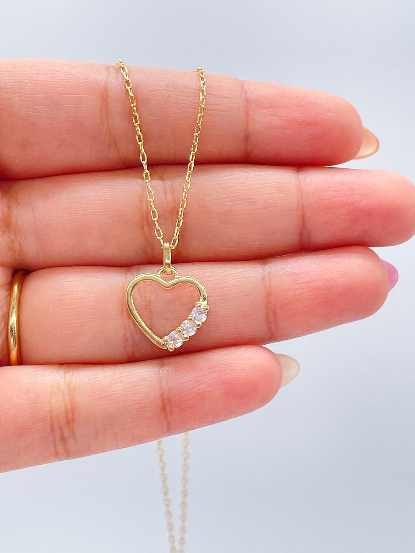 18k Gold Filled Smooth Heart Pendant With Round CZ Stones on Edge