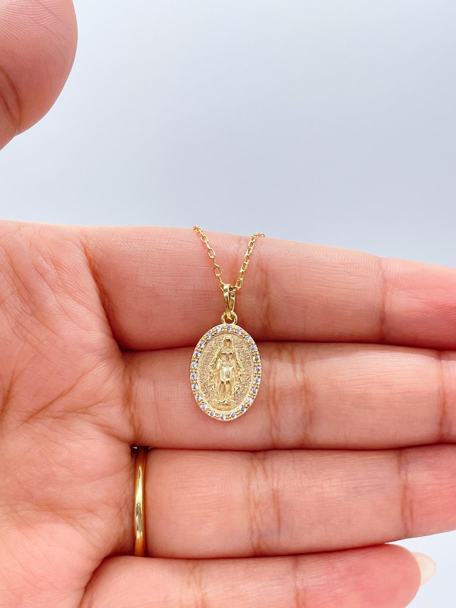 18k Gold Filled Virgin Mary Medallion Pendant Crowned with CZ Stones