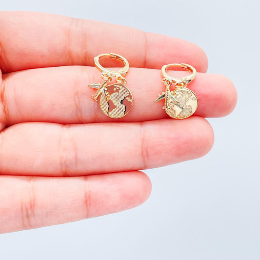 18k Gold Filled World Map Medallion Set, Airplane earrings, travel gift