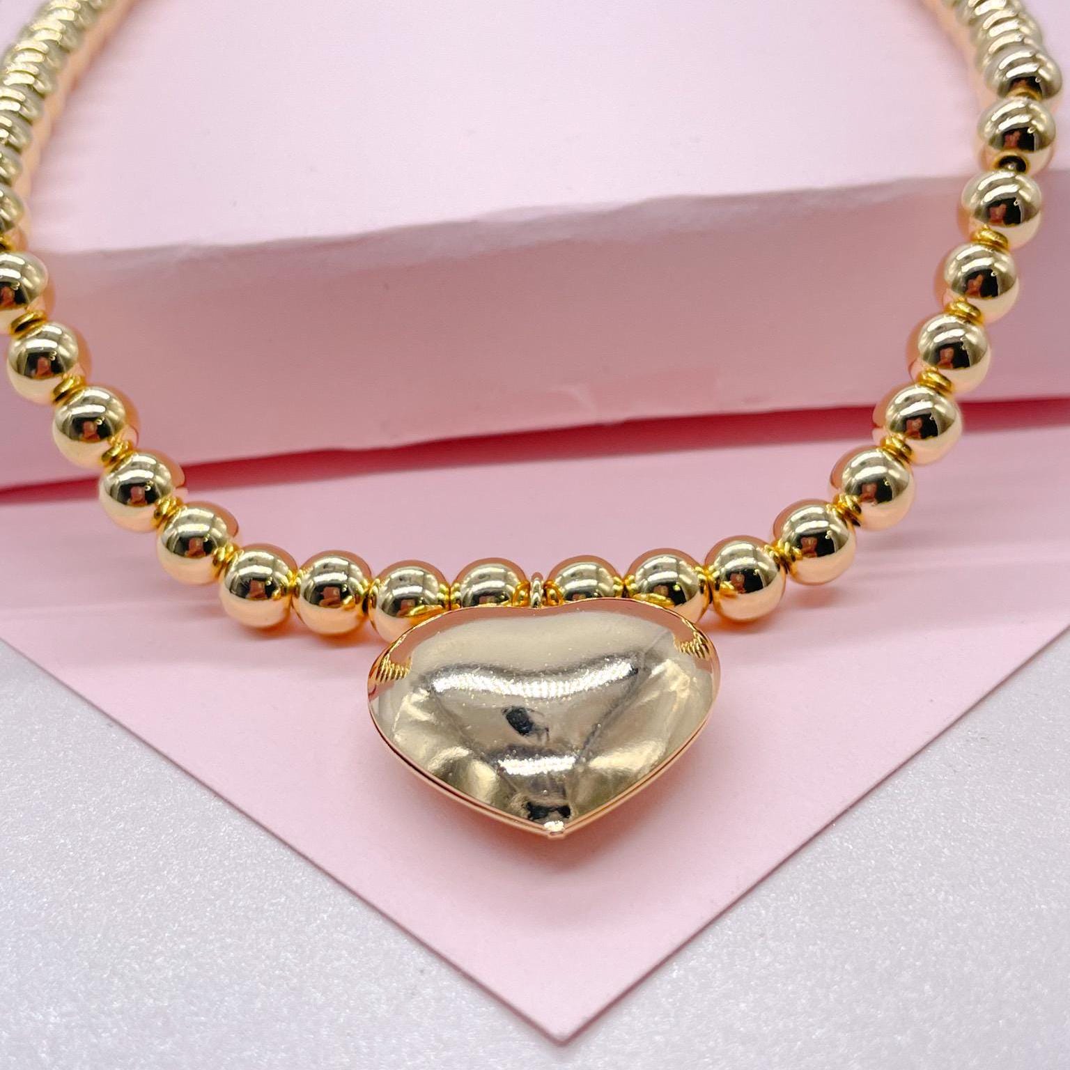 18k Gold Filled 6mm Bead Necklace with a Puffy Heart Charm attached