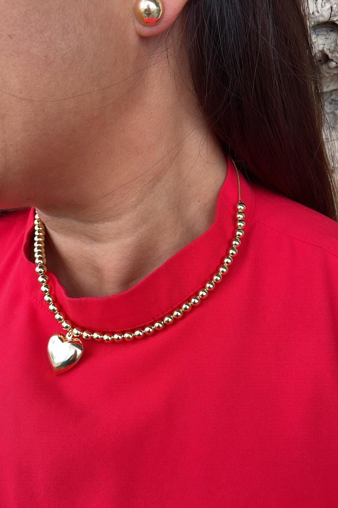 18k Gold Filled 6mm Bead Necklace with a Puffy Heart Charm attached
