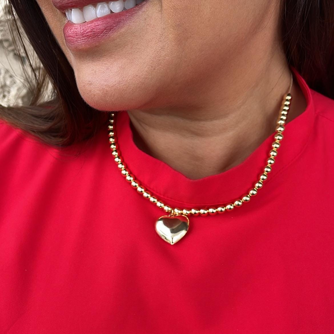 18k Gold Filled 6mm Bead Necklace with a Puffy Heart Charm attached