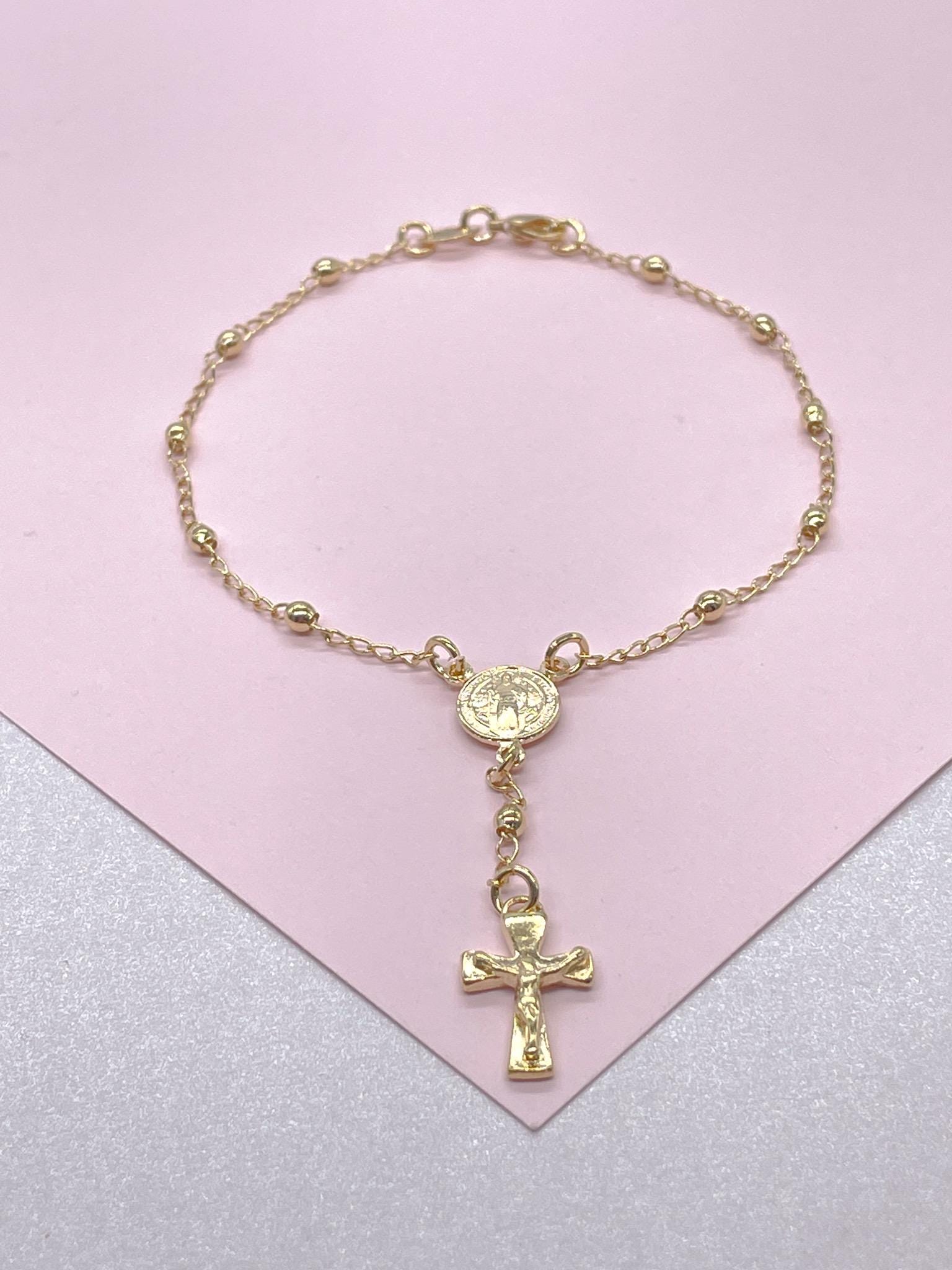 18k Gold Filled Dainty Rosary Bracelet Our Saint Benedict With Victorian Crucifix Detail