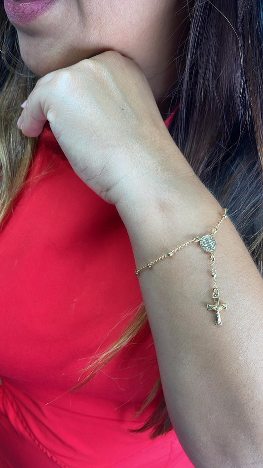 18k Gold Filled Dainty Rosary Bracelet Our Saint Benedict With Victorian Crucifix Detail