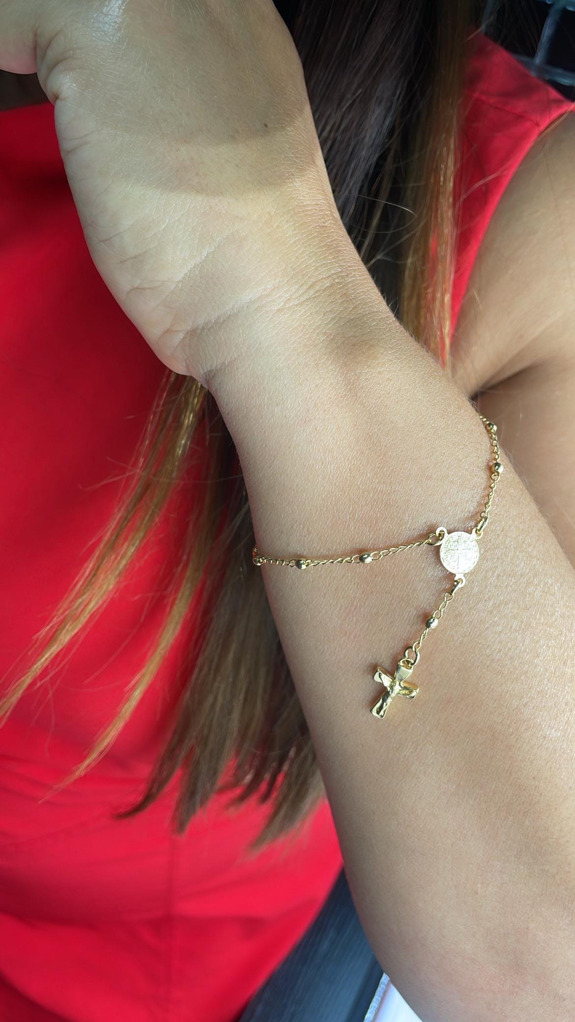 18k Gold Filled Dainty Rosary Bracelet Our Saint Benedict With Victorian Crucifix Detail