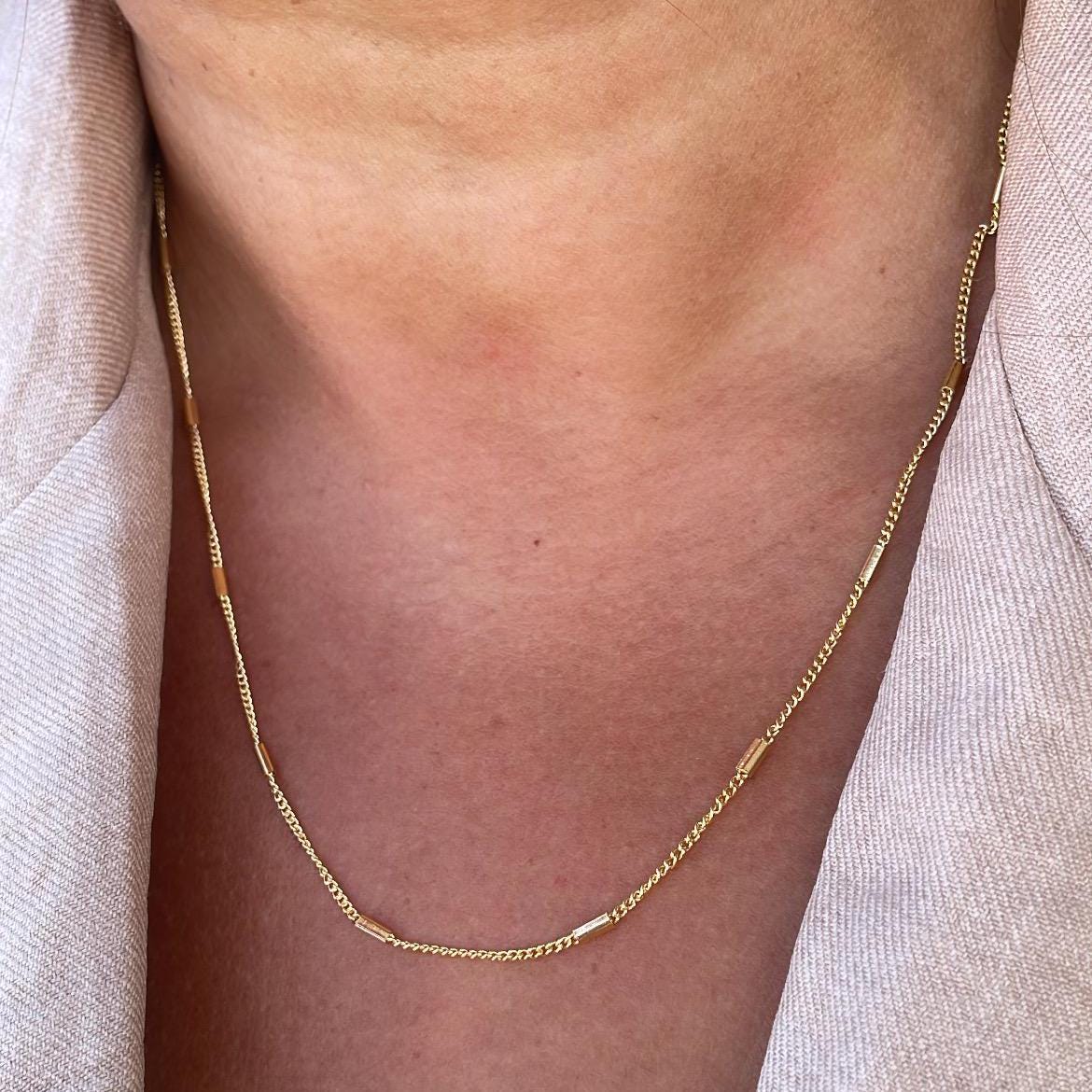18k Gold Filled 1.5 mm Dainty Interspaced Solid Bar Dash Curb Chain Necklace Supplies Designers