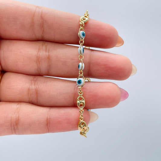 18k Gold Filled Blue Evil Eye Charm Bracelet with Puffy Mariner Links