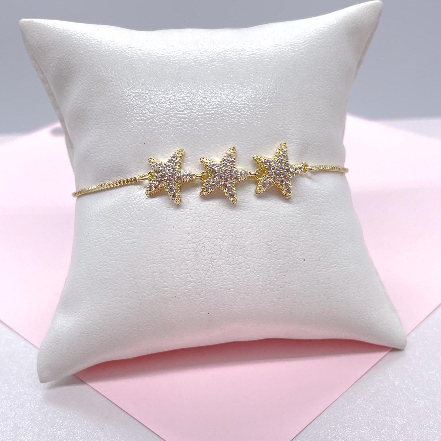 18k Gold Filled 3 Pave Star Adjustable Bracelet