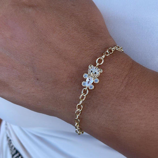 18k Gold Filled Adjustable Curb Link Bracelet With CZ Teddy Bear Center