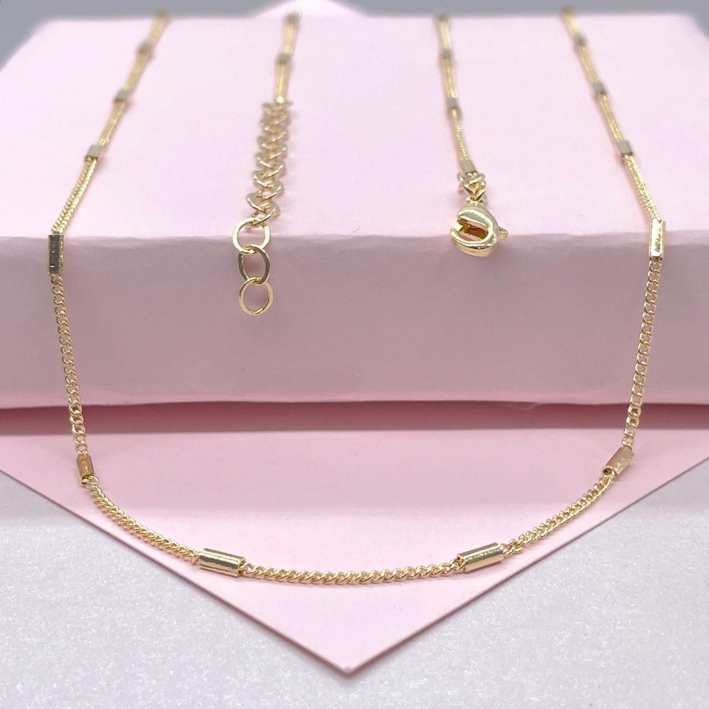 18k Gold Filled 1.5 mm Dainty Interspaced Solid Bar Dash Curb Chain Necklace Supplies Designers