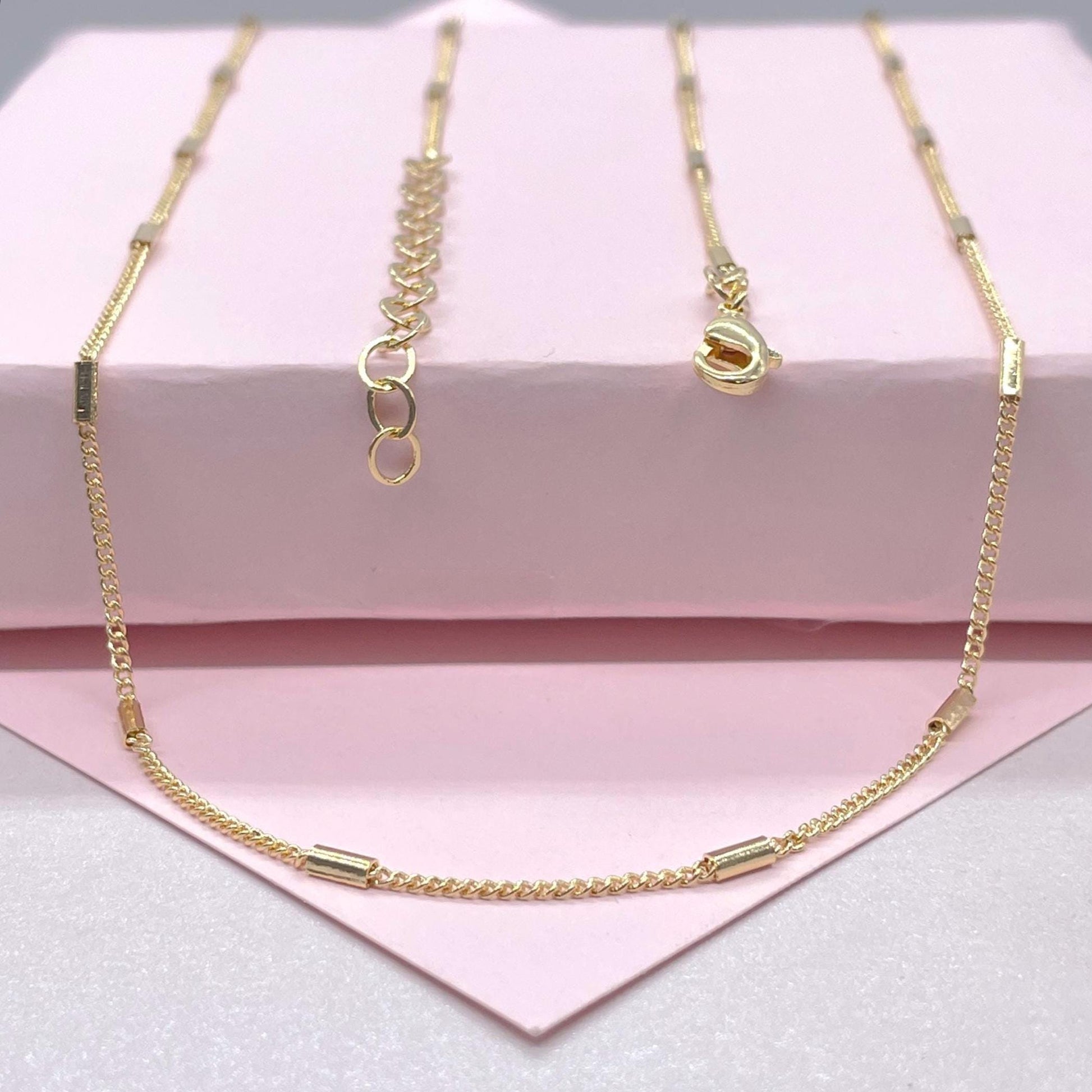 18k Gold Filled 1.5 mm Dainty Interspaced Solid Bar Dash Curb Chain Necklace Supplies Designers
