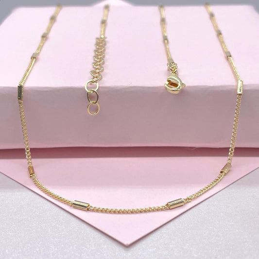 18k Gold Filled 1.5 mm Dainty Interspaced Solid Bar Dash Curb Chain Necklace Supplies Designers