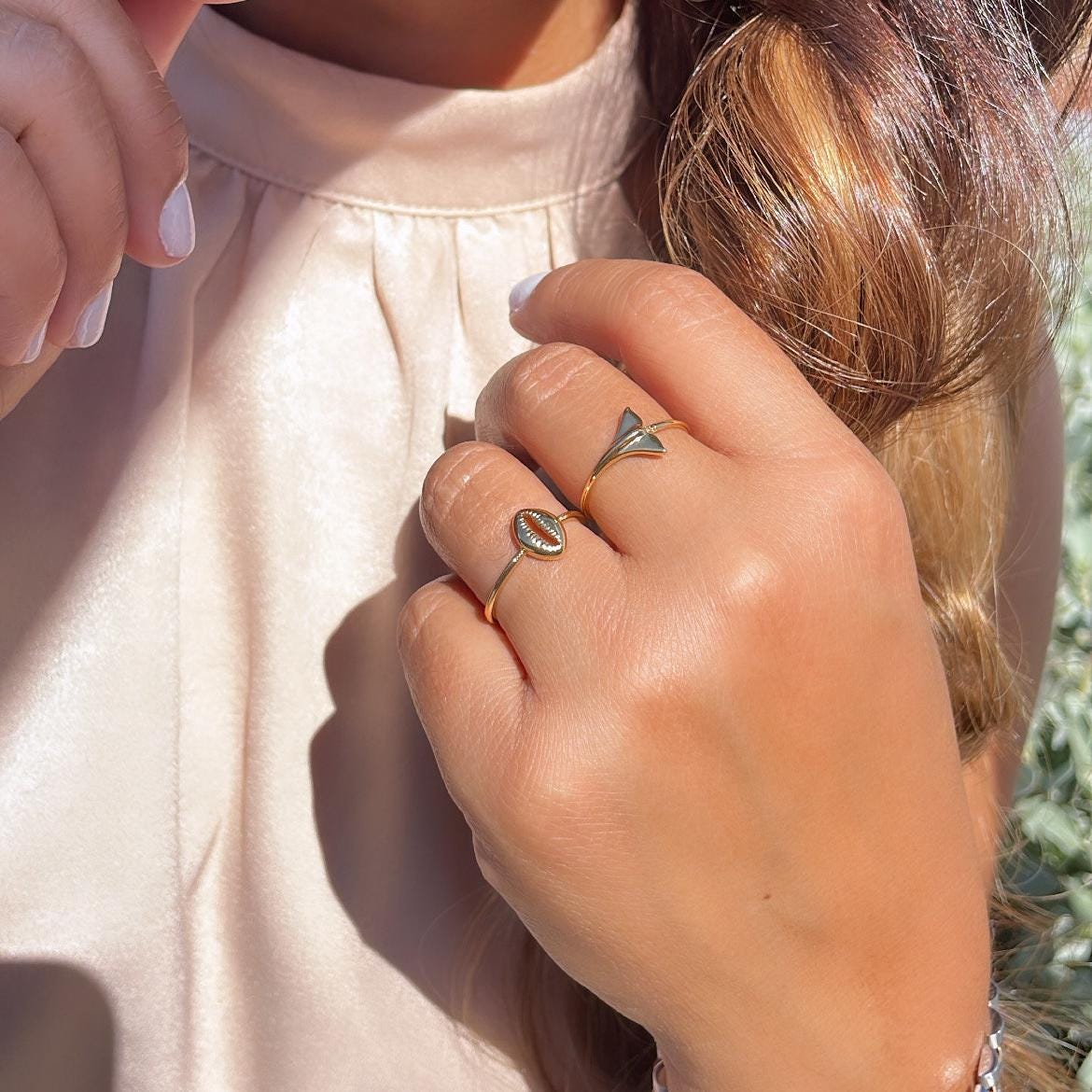 18k Gold Filled Dainty, Conch Shell and Fish Tail Dainty Rings