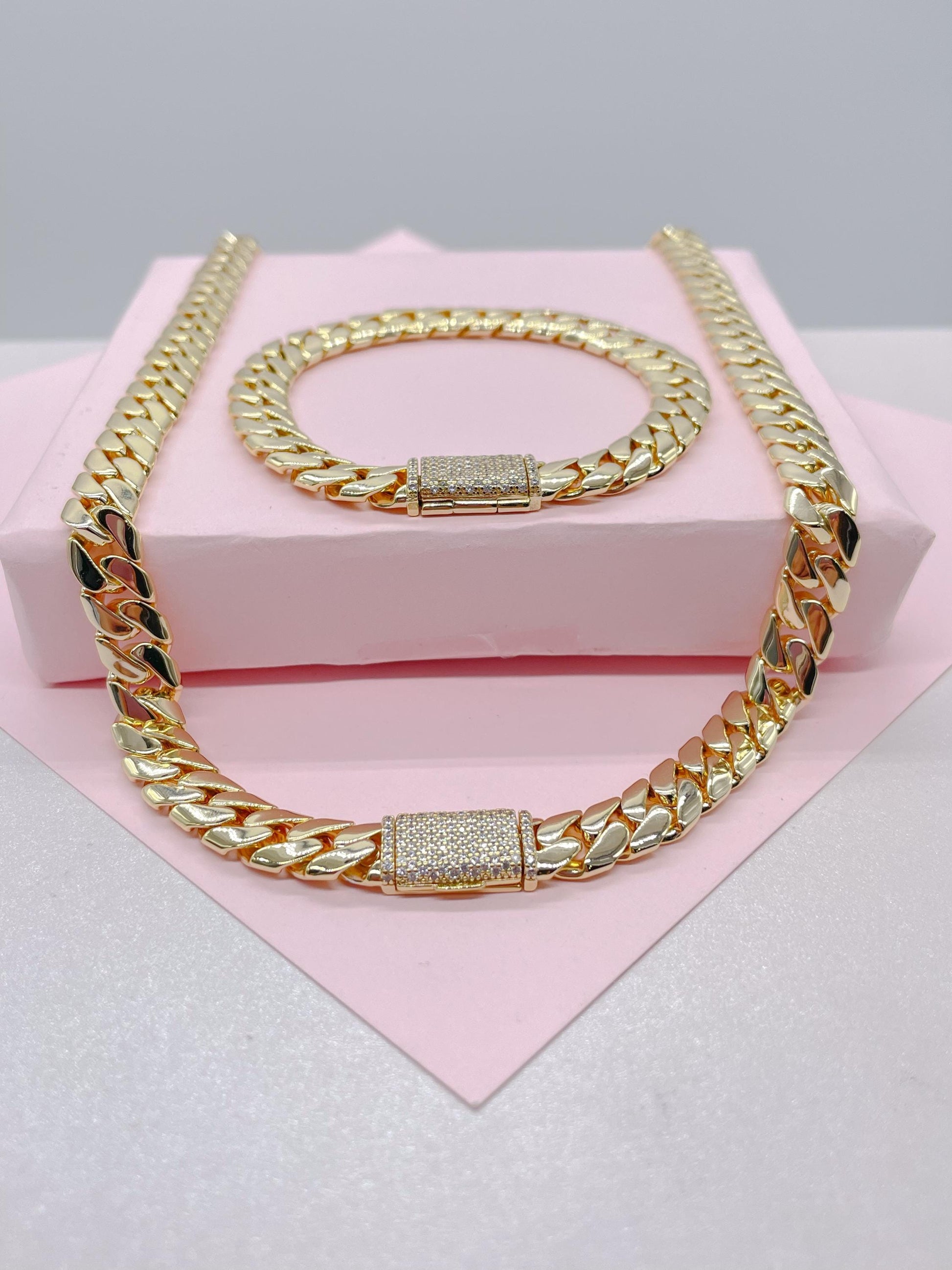 14k Gold Filled 8mm Monaco Link Necklace Chain and Bracelet With CZ Pave Embellished Clasp