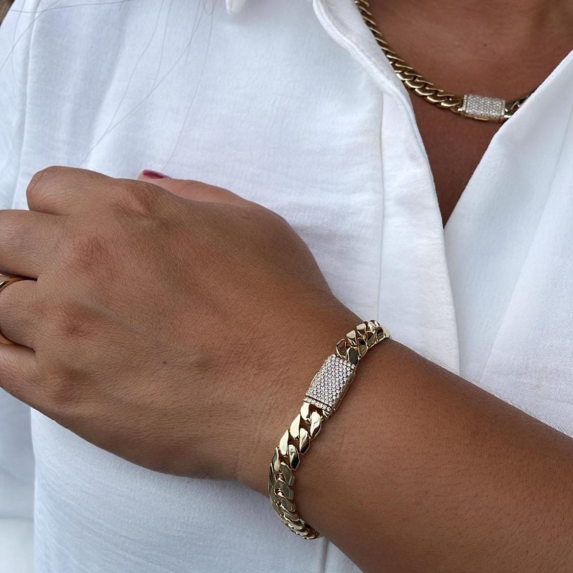 14k Gold Filled 8mm Monaco Link Necklace Chain and Bracelet With CZ Pave Embellished Clasp