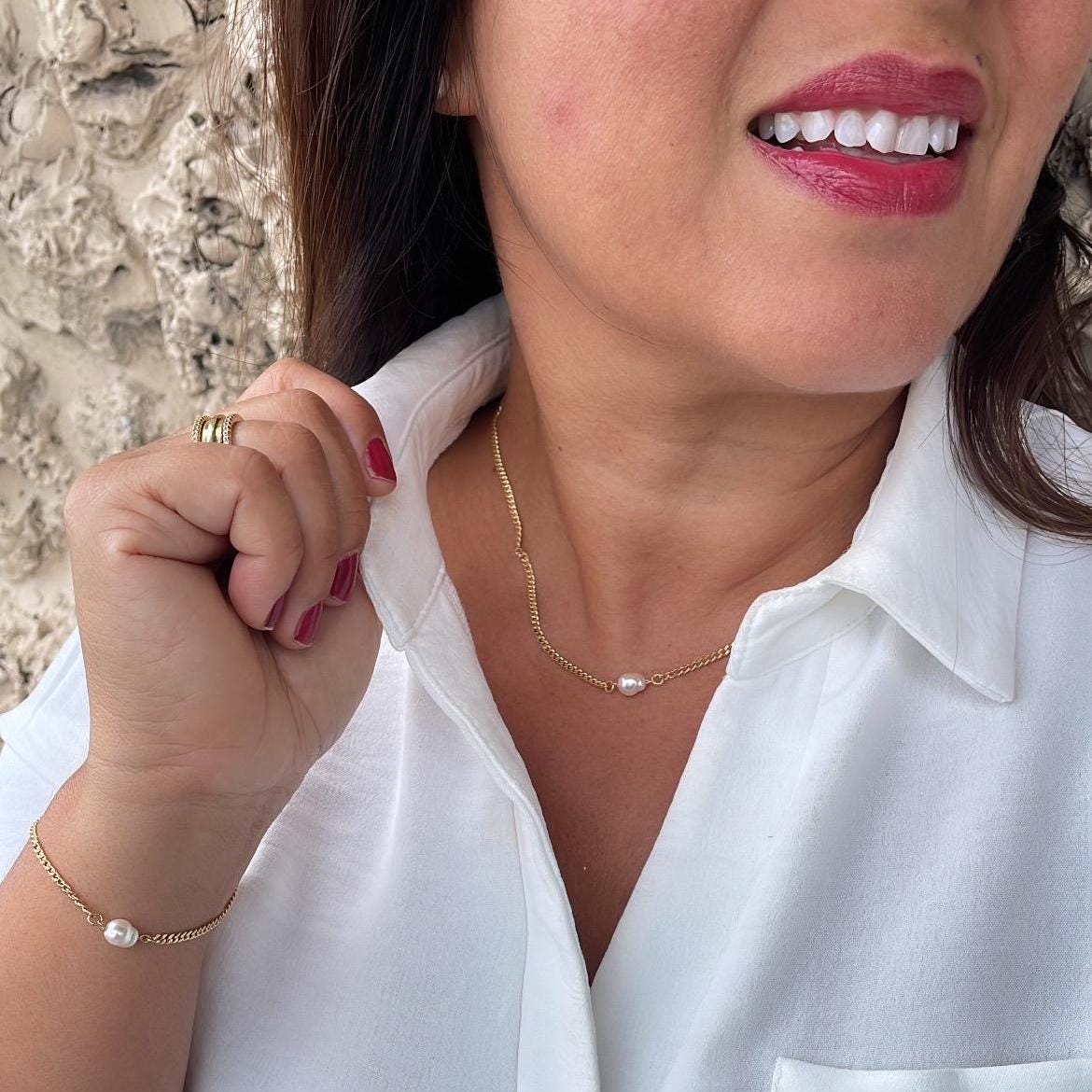 18k Gold Filled Cuban Link Chain with Synthetic Pearl Choker And Bracelet