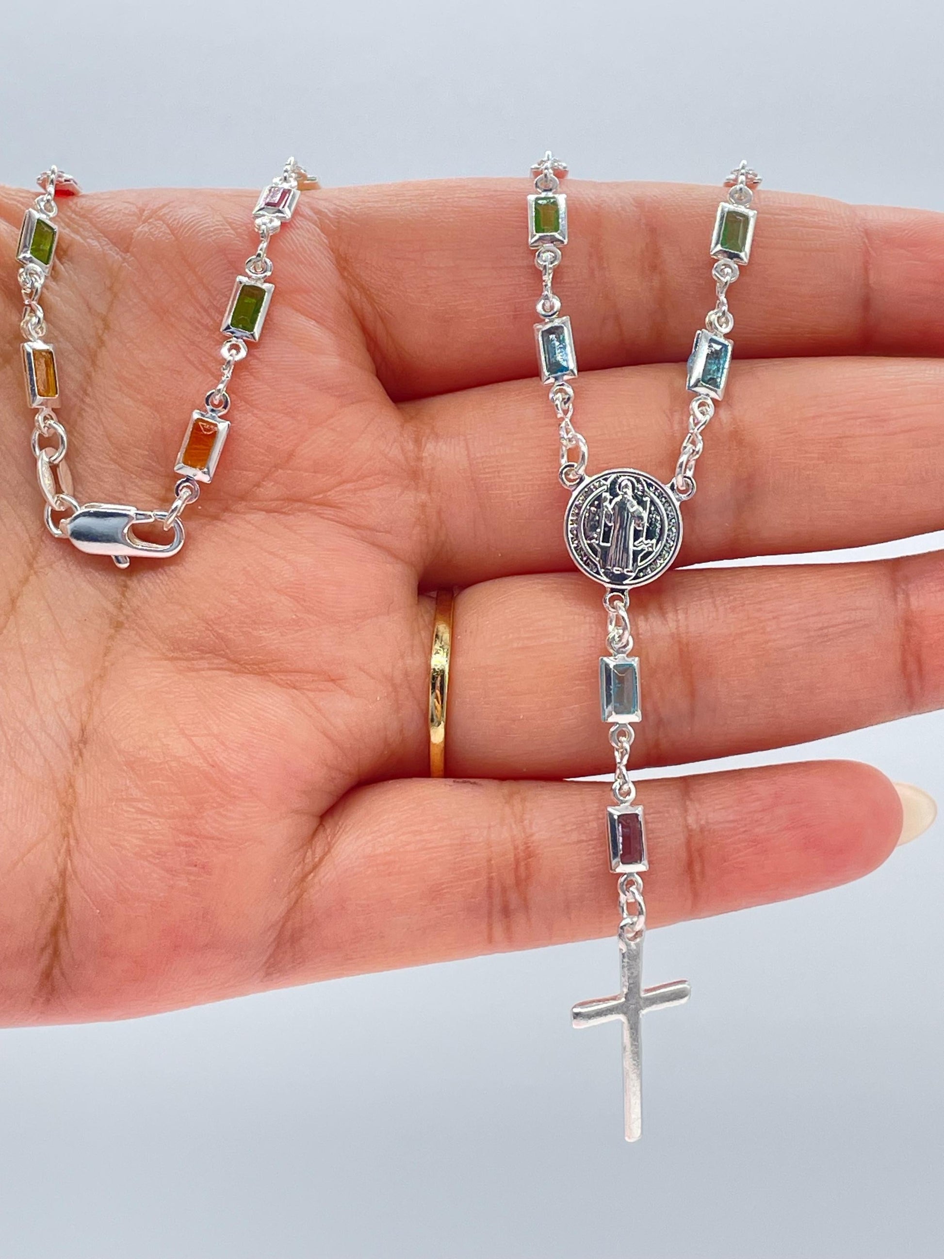 Silver Filled Small Square Colorful Rosary Necklace, Multicolor with St. Benedict Round Medal and Cross