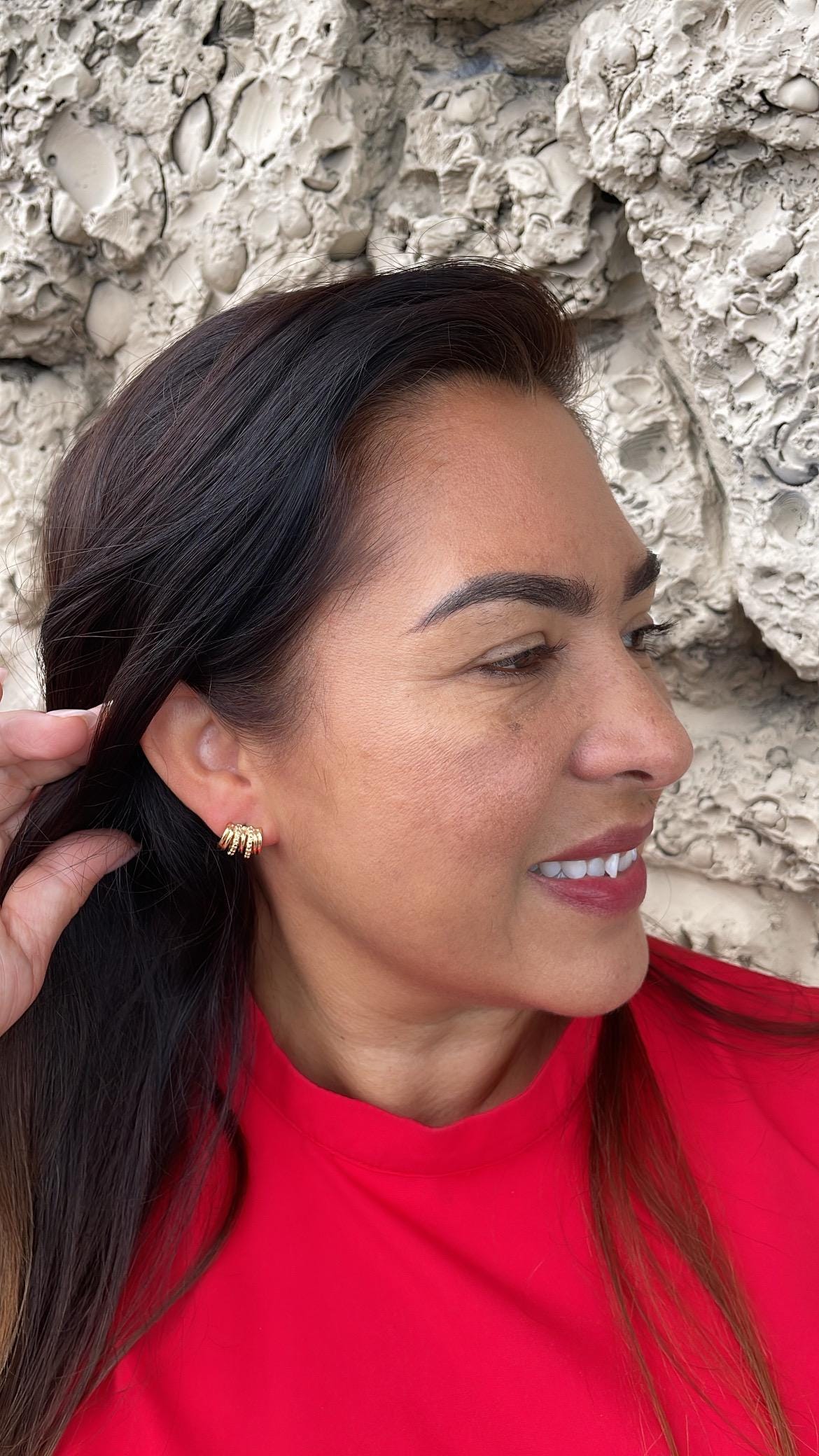 18k Gold Filled Gold Row Earrings With Patterned Lines