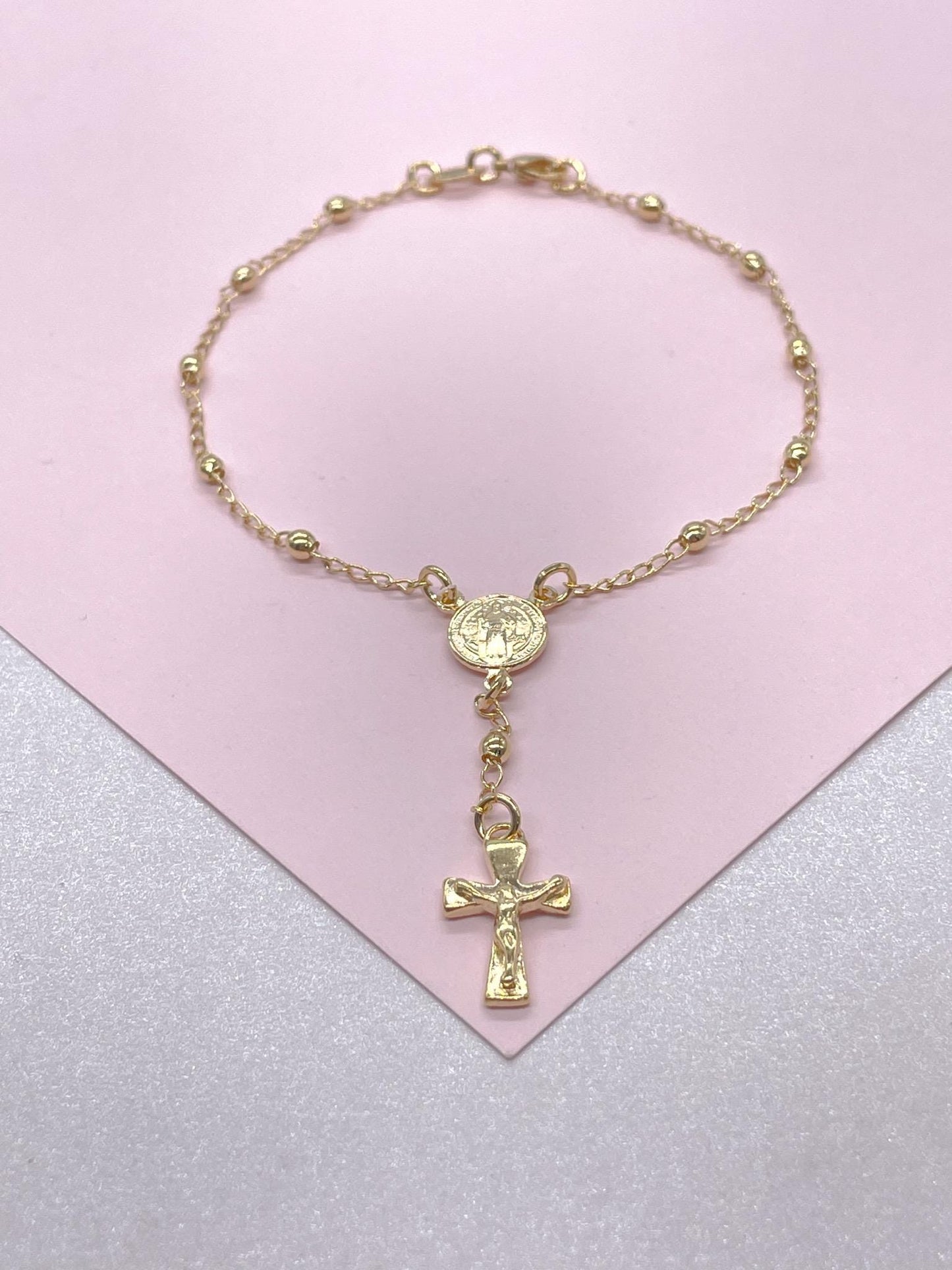 18k Gold Filled Dainty Rosary Bracelet Our Saint Benedict With Victorian Crucifix Detail