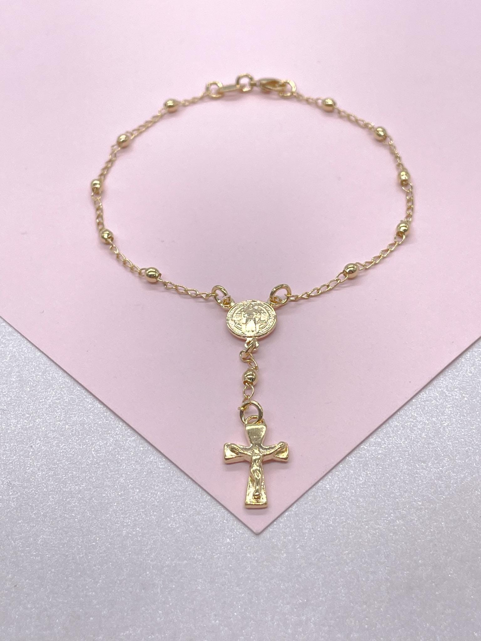 18k Gold Filled Dainty Rosary Bracelet Our Saint Benedict With Victorian Crucifix Detail