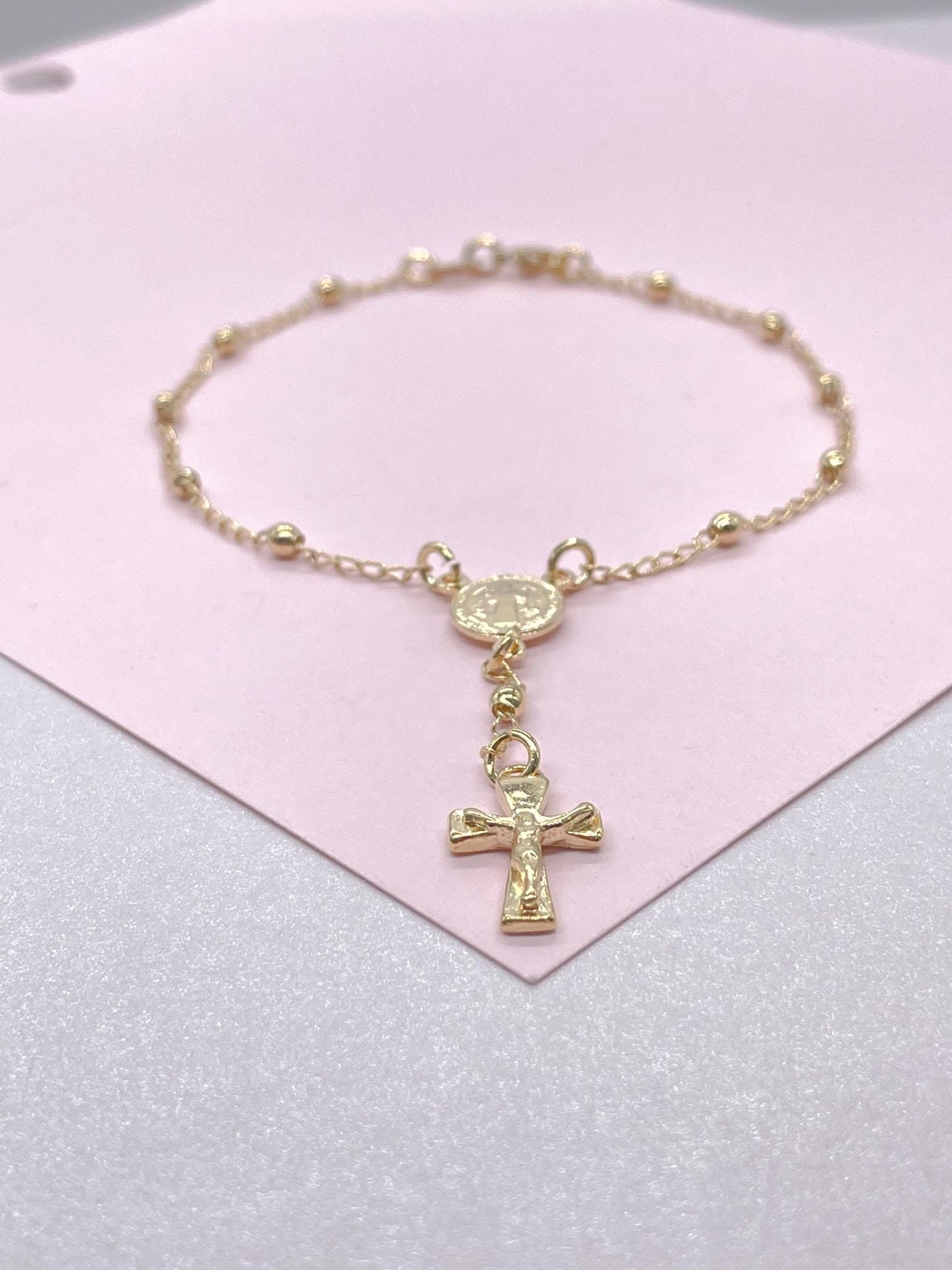 18k Gold Filled Dainty Rosary Bracelet Our Saint Benedict With Victorian Crucifix Detail