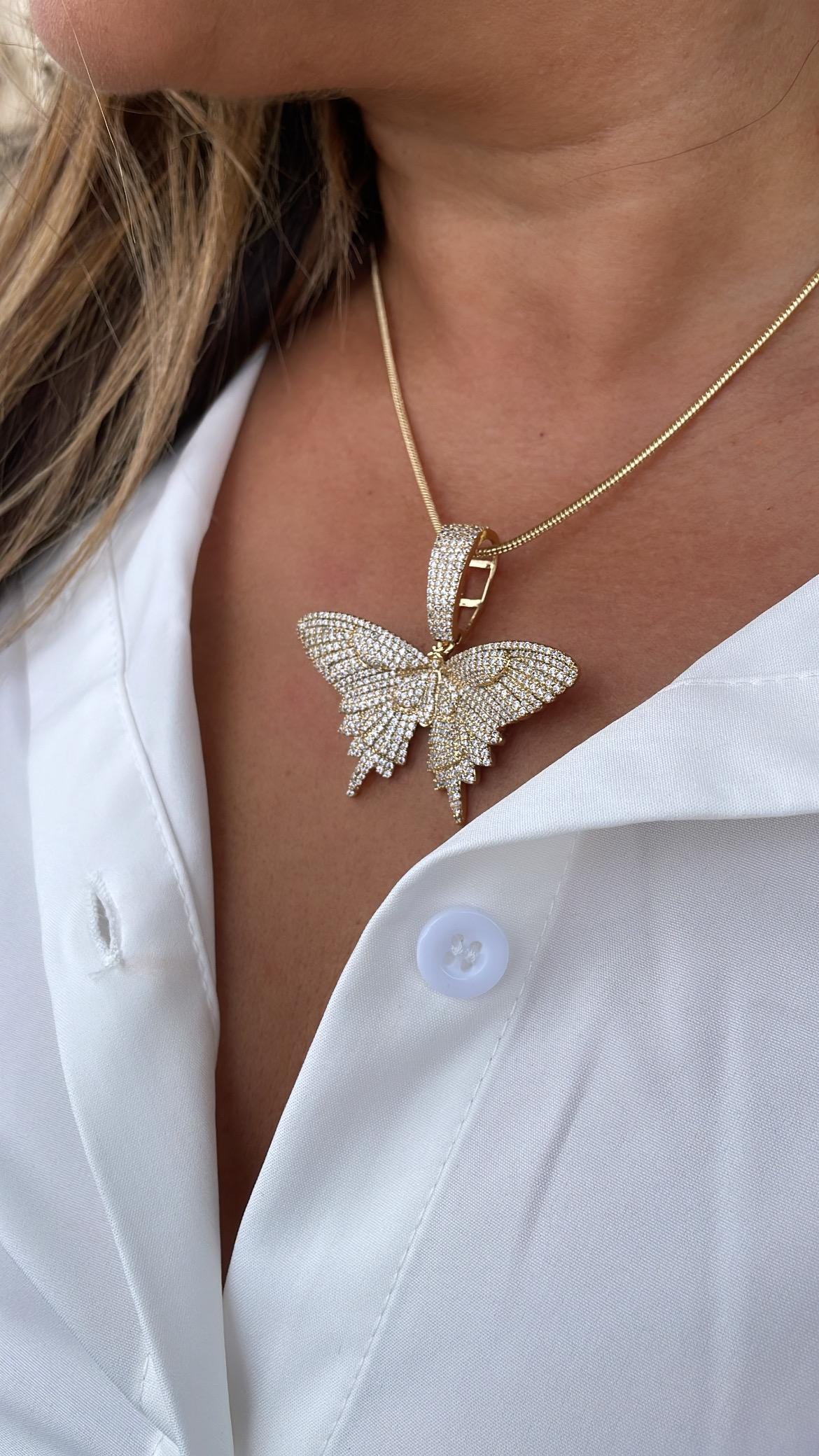 18k Gold Filled CZ Pave Large Butterfly Pendant