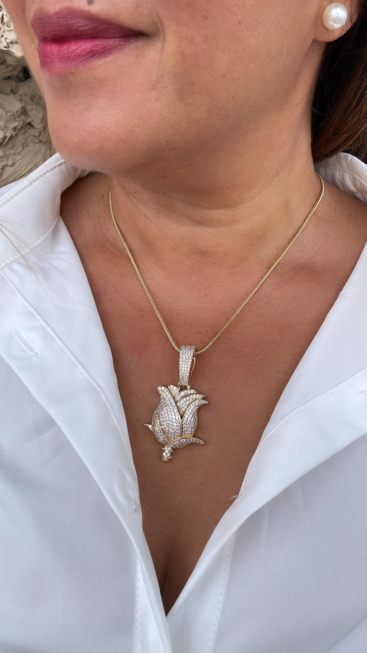 18k Gold Filled Large White CZ Pave Rose Pendant