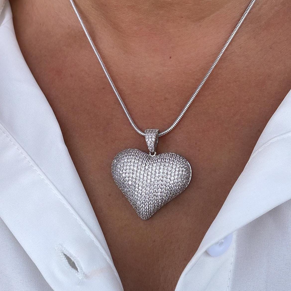 18k Gold Filled CZ Pave Large Puffy Heart Charm Pendant