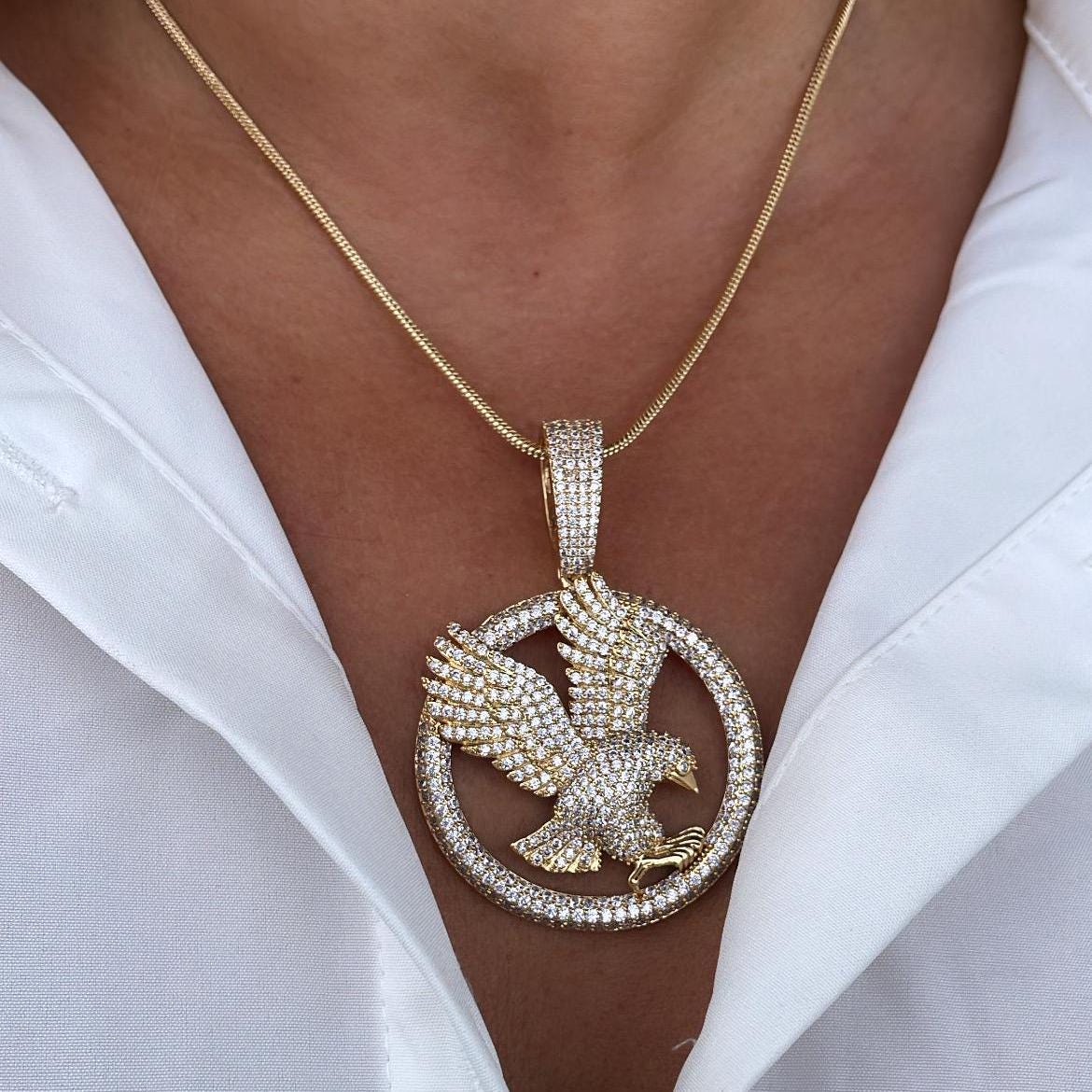 18k Gold Filled Cz Pave Hawk Medal Pendant Bald Eagle Charm