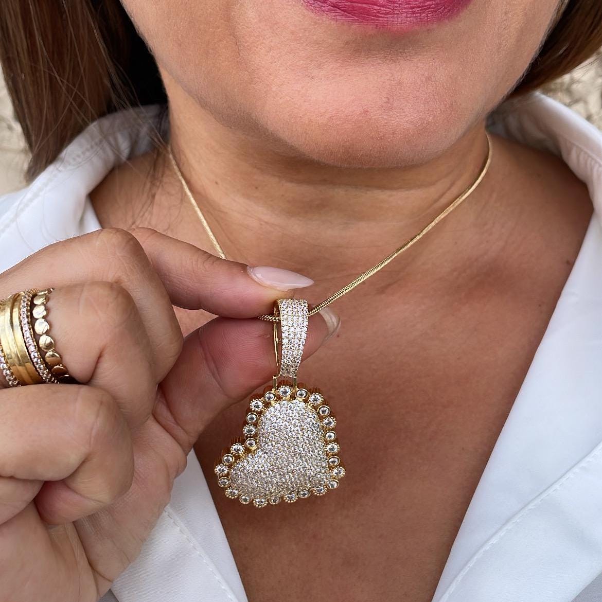 18k Gold Filled CZ Pave Large Puffy Heart Charm Pendant Crowned with Small Circle Zirconia