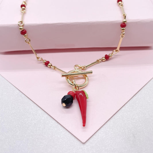 18k Gold Filled Dainty Natural Satellite Toggle Choker Necklace, with Azabache and Chili Pepper Protection Charm