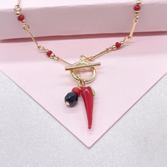 18k Gold Filled Dainty Natural Satellite Toggle Choker Necklace, with Azabache and Chili Pepper Protection Charm