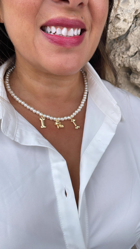6mm Pearl Beaded Synthetic Choker with 18k Gold Filled Dog and Bone Charm