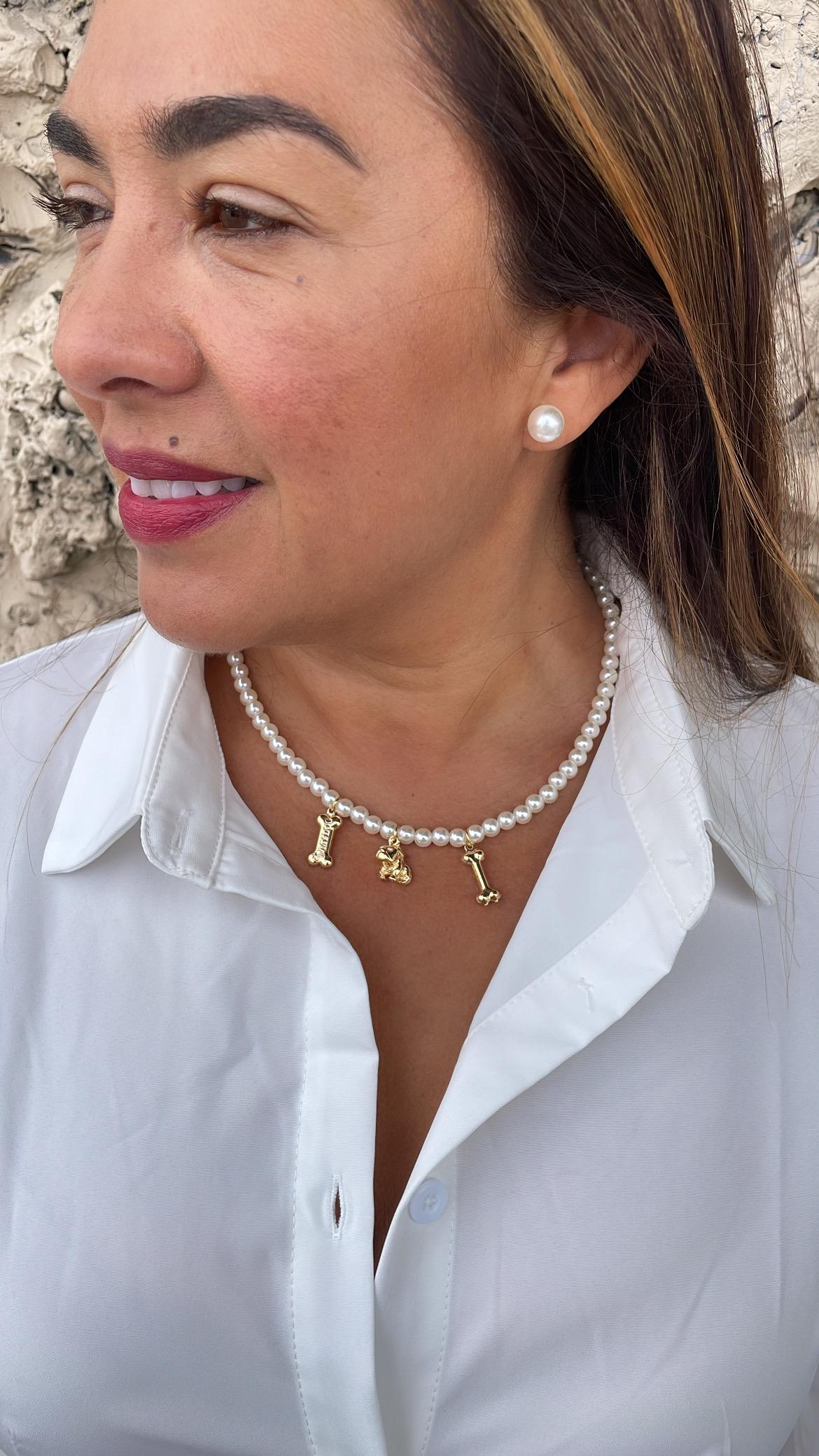 6mm Pearl Beaded Synthetic Choker with 18k Gold Filled Dog and Bone Charm