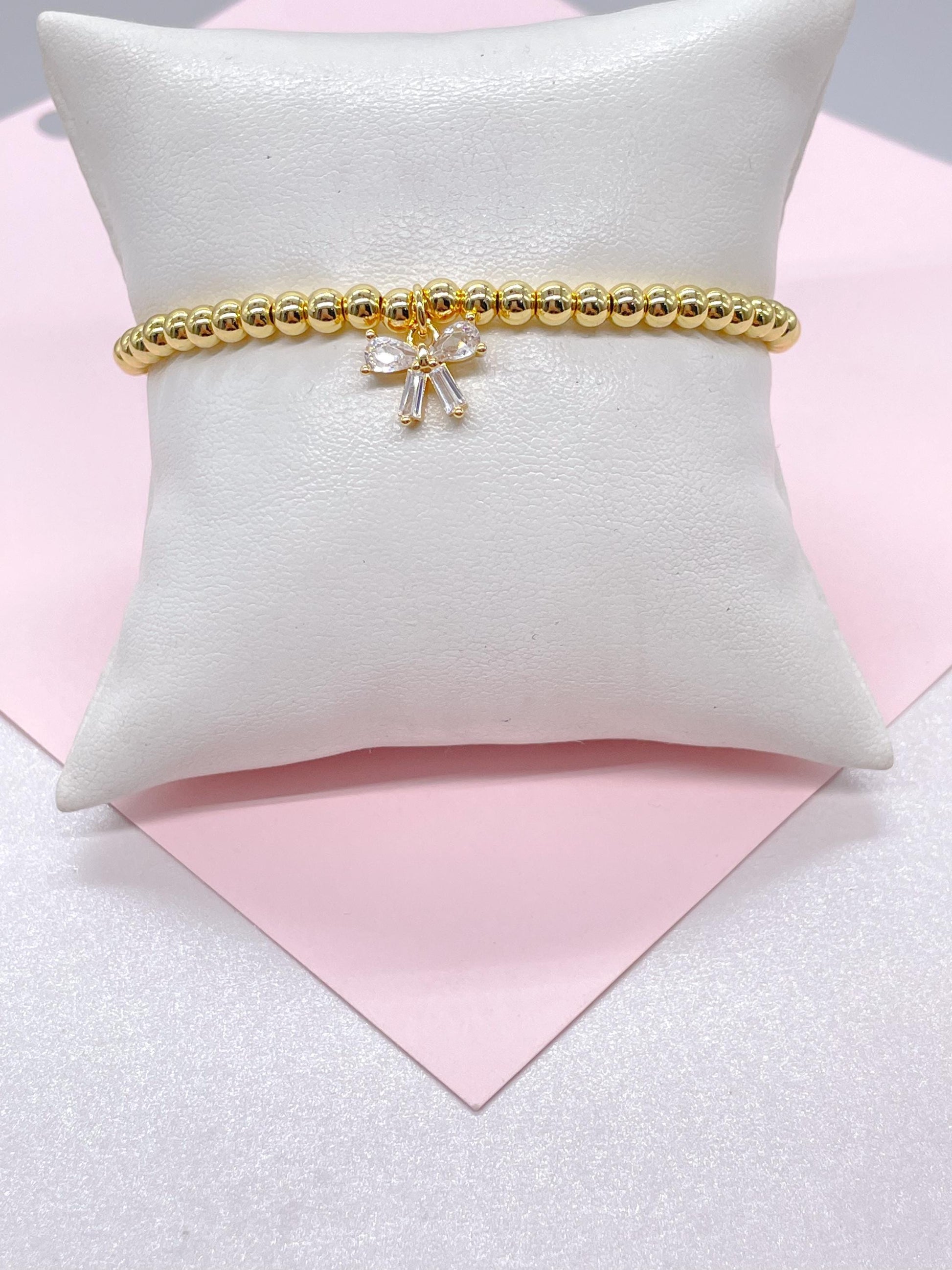 18k Gold Filled Elastic Classic 4mm Beaded Bracelet with CZ Dainty Bow