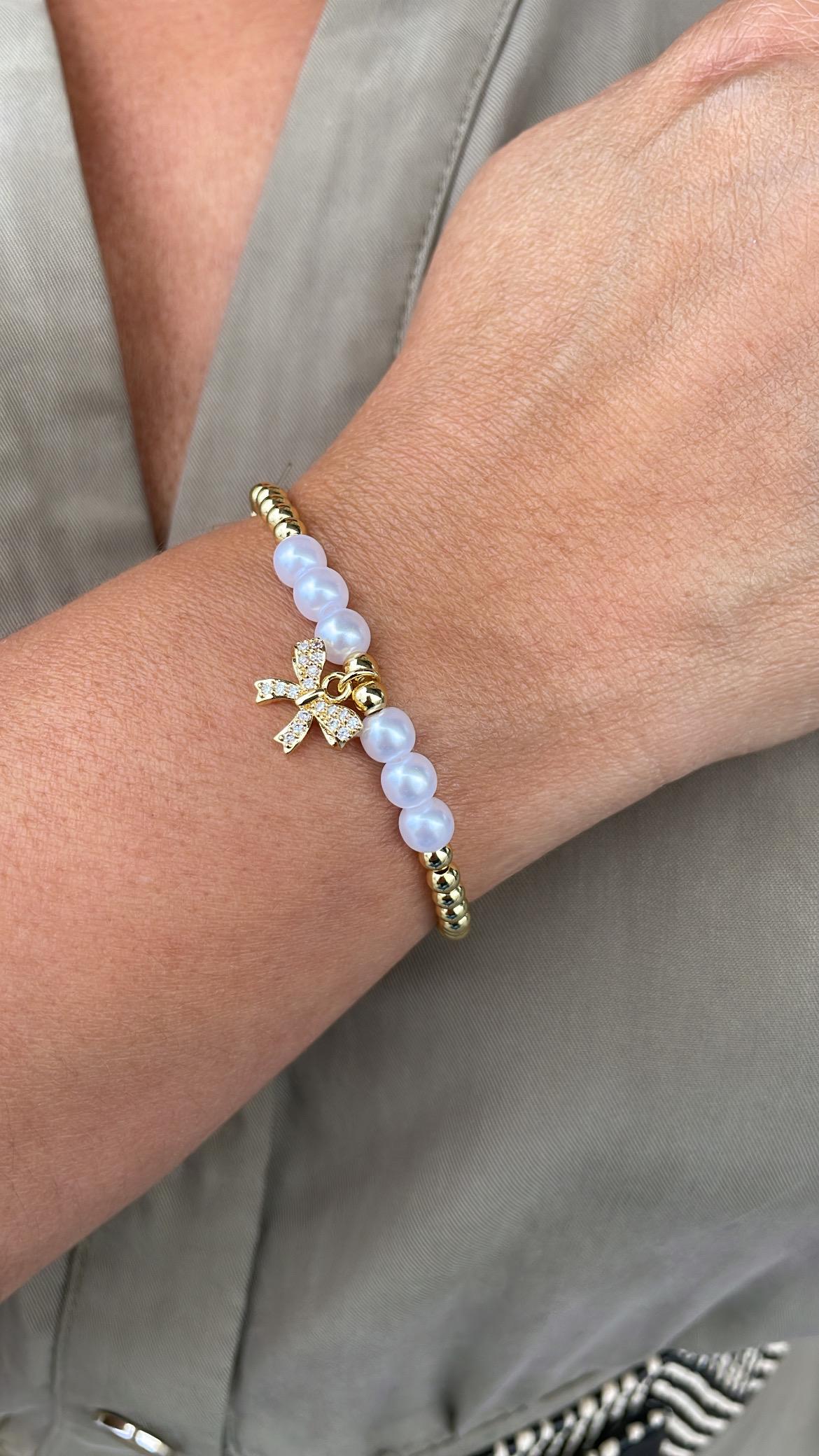 18k Gold Filled Elastic Classic 4mm Gold and Pearl Beaded Bracelet with CZ Pave Bow