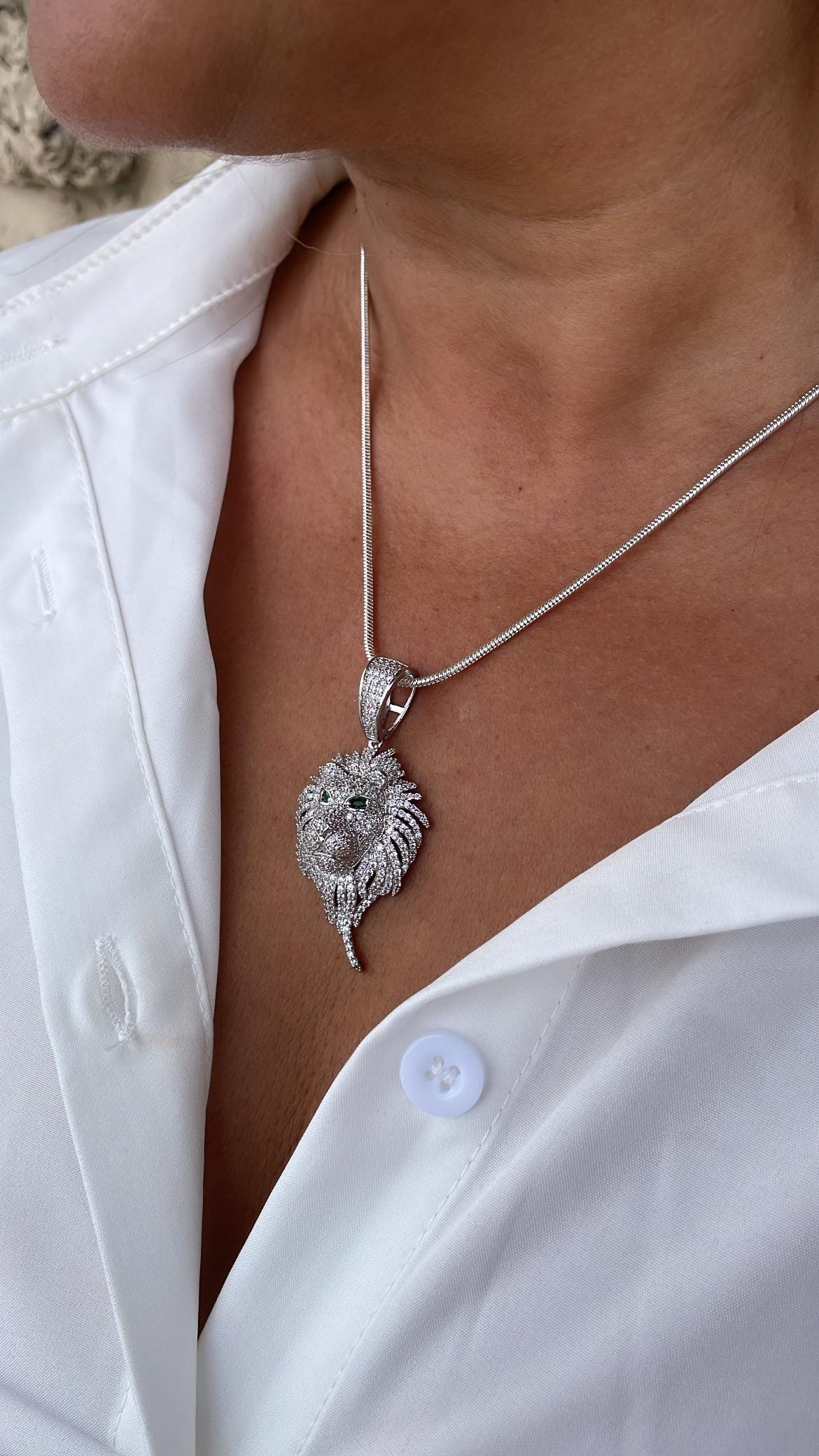 18k SilverFilled Medium Sized Lion Head Pendant With Emerald Green Eyes