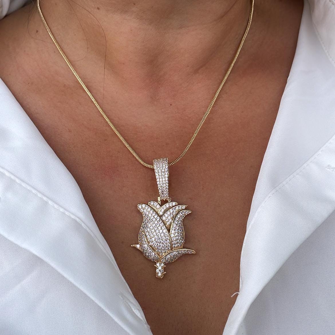 18k Gold Filled Large White CZ Pave Rose Pendant